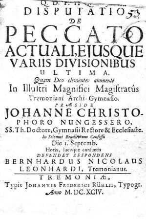 Disputatio de peccato actuali, eiusque variis divisionibus ultima