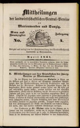 Neun und Zwanzigster Jahrgang. No. 4. April 1861.