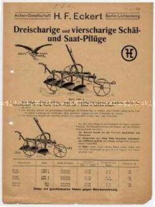 Dreischarige und vierscharige Schäl- und Saat-Pflüge