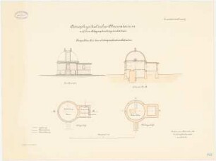 Astrophysikalisches Observatorium auf dem Telegrafenberg, Potsdam: Kuppelbau für den fotografischen Refraktor: Grundriss Keller, Erdgeschoss, Aufriss Ostansicht, Längsschnitt 1:100