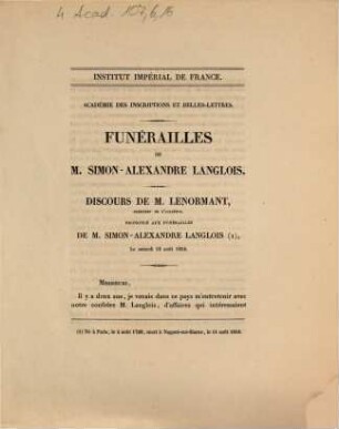 Funérailles de M. Simon-Alexandre Langlois. Discours de M. Lenormant ... : le samedi 12 août 1854