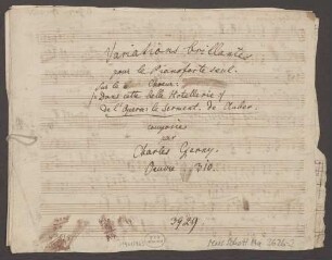 Variations brillantes, pf, op. 310 - BSB Mus.Schott.Ha 3626-2 : [title page:] Variations brillantes // pour le Pianoforte seul. // Sur le Choeur: // /"Dans cette belle Hotellerie:/ // de l'Opera: le Serment. de Auber. // composèes // par // Charles Czerny. // Oeuvre ...310.
