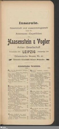 Inserate. Alphabetisches Verzeichnis