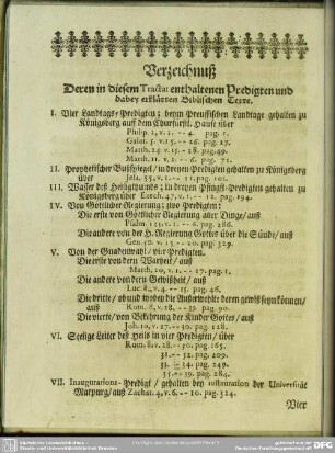 Verzeichnuß Deren in diesem Tractat enthaltenen Predigten und dabey erklärten Biblischen Texte