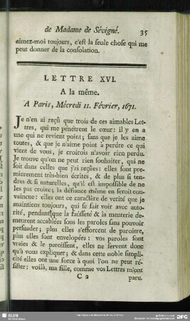 Lettre XVI. A la même. A Paris, Mécredi 11. Février, 1671