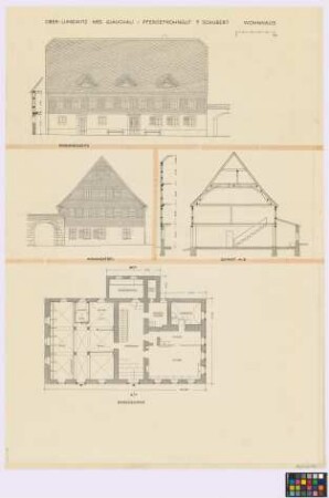 Oberlungwitz (Kreis Glauchau): Pferdefrohngut F. Schubert. - Wohnhaus (Seiten-Ansicht, Wohn-Giebel-Ansicht,Querschnitt A-B, Giebel-Vertikalschnitt, Grundriss des Erdgeschosses, Traufen-Vertikalschnitt). - Einfahrtstor (Ansicht)