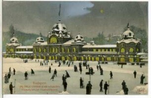 Budapest. Eislaufplatz im Stadtwäldchen : Budapest. Eislaufplatz und Sportpavillon am Stadtwäldchen-Teich. Winteraufnahme mit Eisläufern