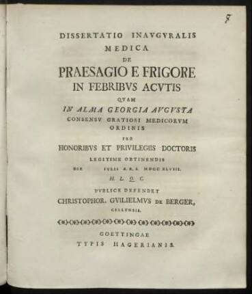 Dissertatio Inauguralis Medica De Praesagio E Frigore In Febribus Acutis