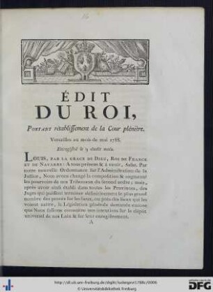 Édit du Roi, portant rétablissement de la Cour plénière.