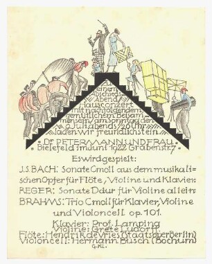 Entwurf einer Einladungskarte : Spitz aufeinander zulaufende Treppen mit Personen, die Instrumente und Gegenstände die Treppen herauf tragen, Einladungstetxt unter den Treppenstufen angeordnet; signiert