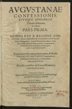 Augustanae Confessionis, Eiusque Apologiae Tabulis delineatae, & resolutae, Pars Prima.
