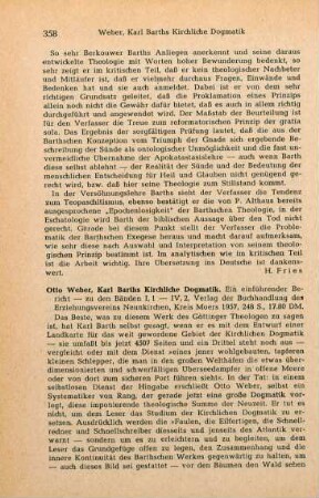 358-359 [Rezension] Weber, Otto, Karl Barths kirchliche Dogmatik