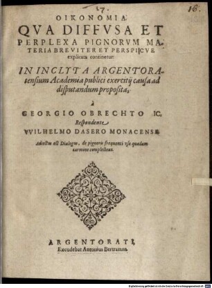 Oikonomia. Qva Diffvsa Et Perplexa Pignorvm Materia Breviter Et Perspicve explicata continetur