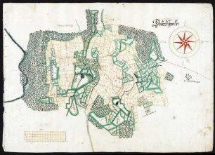 "Chorographisch und Geometrische Abbildung aller in des Hochdeutschen Ordens Herrschaft Achberg liegender accurat in Grund gelegter Dorfschaften, Weiler, Höfe, Hofstätten, Gärten, Äcker, Wiesen, Weinberg, Felder, Waldungen, Weiher, Flüße, Bäche und Appertinenten nach einer Universal- und in 13 Particular-Mappas eingeteilt, angefangen den 27. Aug[ust] 1726, vollendet den 9. Dez[ember] 1727"