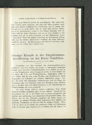 Geistige Kämpfe in der Eingeborenenbevölkerung an der Küste Ostafrikas.