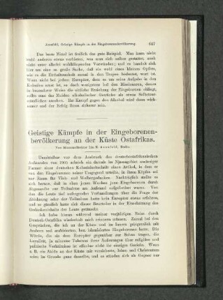 Geistige Kämpfe in der Eingeborenenbevölkerung an der Küste Ostafrikas.