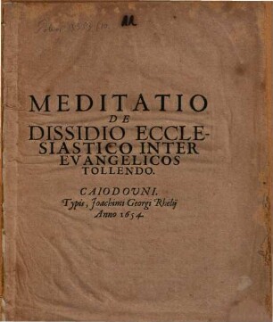 Meditatio de dessidio ecclesiastico inter Evangelicos tollendo