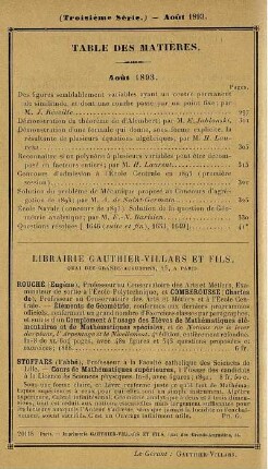Table des matières. Août 1893.