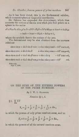 On the sums of the inverse powers of the prime numbers.