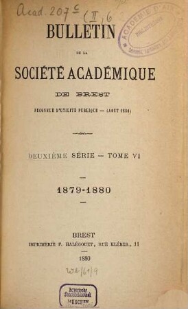 Bulletin de la Société Académique de Brest. 6. 1879/80