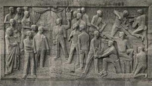 Weimar-Buchenwald. Nationale Mahn- und Gedenkstätte der DDR (1954-1958; seit 1992: Gedenkstätte Buchenwald). Treppe des Todes, Relief "Im KZ mit Ernst-Thälmann-Bild" (1955, W. Grzimek)