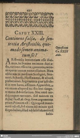 Caput XXIII. Continens falsa, de sententia Aristotelis, quomodo semen animatum sit?