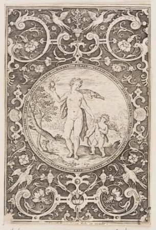 Medaillon mit Venus und Amor in einem grotesken Rahmen mit Blumen, Girlanden, Tieren und Maskaronen