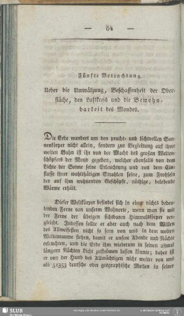Fünfte Betrachtung. Ueber die Umwälzung, Beschaffenheit der Oberfläche, den Luftkreis und die Bewohnbarkeit des Mondes