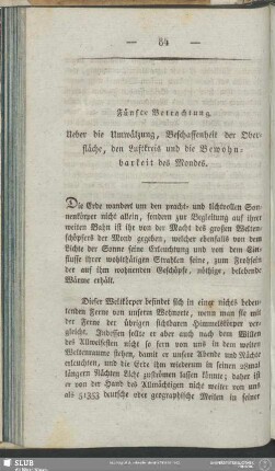 Fünfte Betrachtung. Ueber die Umwälzung, Beschaffenheit der Oberfläche, den Luftkreis und die Bewohnbarkeit des Mondes