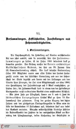 VI. Versammlungen, Festlichkeiten, Ausstellungen, Sehenswürdigkeiten