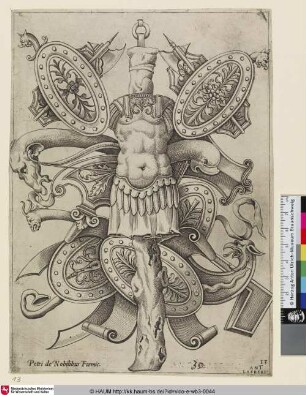 [Un seul trophée, où l'on remarque au milieu une cuirasse montée sur on tronc d'arbre; Trophy with a Cuirass on the Trunk of a Tree; Trophäe mit einem Brustpanzer auf einem Baumstamm]