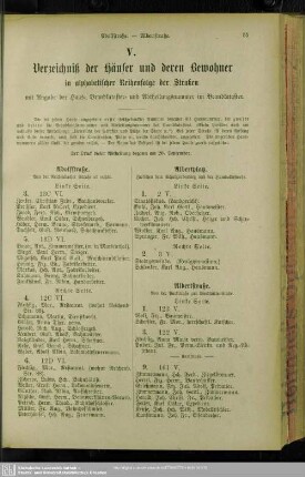 V. Häuserbuch : V. Verzeichniß der Häuser und derer Bewohner in alphabetischer Reihenfolge der Straßen