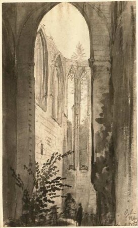 Carus, Carl Gustav: Oybin. Inneres der Ruine. Getuschte Zeichnung; 32,4 x 19,5 cm. Bezeichnet 11. Aug. 1820. Dresden: Kupferstich-Kabinett
