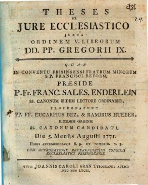Theses ex iure ecclesiastico iuxta ordinem V. librorum DD. PP. Gregorii IX.