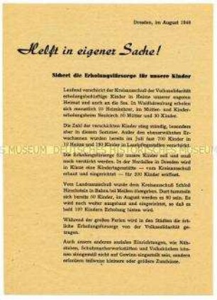Aufruf des Kreisausschusses Dresden der Volkssolidarität zur Unterstützung der Erholungsfürsorge für Kinder durch Geldspenden