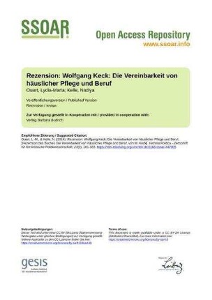 Rezension: Wolfgang Keck: Die Vereinbarkeit von häuslicher Pflege und Beruf