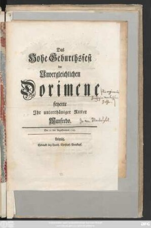 Das Hohe Geburthsfest der Unvergleichlichen Dorimene