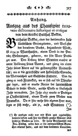 Anhang. Auszug aus des Chaufepiee nouveau dictionnaire historique et critique von dem Artikel Balthas. Bekker.