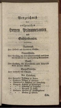 Verzeichniß der respective Herren Pränumeranten und Subscribenten