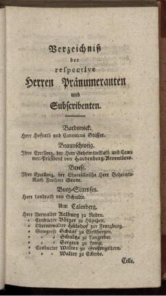 Verzeichniß der respective Herren Pränumeranten und Subscribenten
