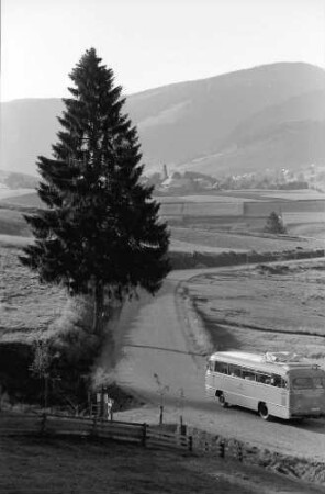 Bernau: Landstraße mit Postbus in Landschaft
