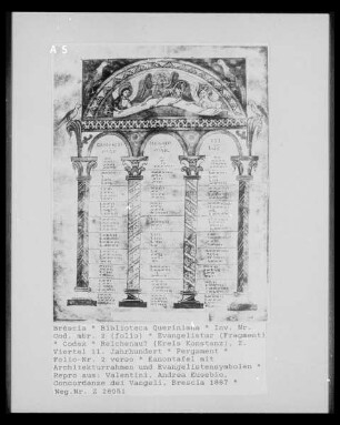 Evangelistar — Kanontafel mit Architekturrahmen und Evangelistensymbolen, Folio 2 verso