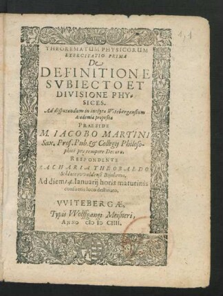 Theorematum Physicorum Exercitatio Prima De Definitione Subiecto Et Divisione Physices