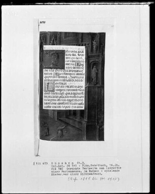 Flämisches Gebetbuch — Spielende Kinder vor einer Kirchenfront, Folio 182recto