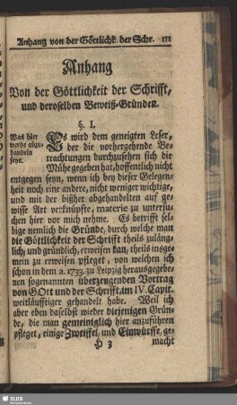Anhang Von der Göttlichkeit der Schrifft, und deroselben Beweiß-Gründer
