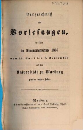Verzeichnis der Vorlesungen. 1866. SH.