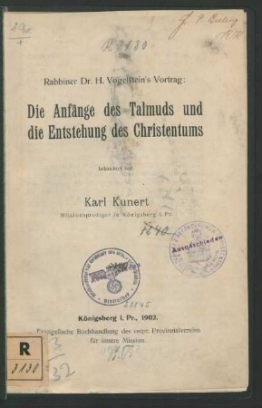 Rabbiner Dr. H. Vogelstein's Vortrag: Die Anfänge des Talmuds und die Entstehung des Christentums