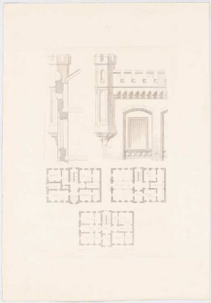 Rathaus, Striegau 3. Projekt: Ausführungsentwurf: Grundriss Erdgeschoss, 1. und 2. Obergeschoss; Aufriss Zinnenecktürmchen; 2 Maßstabsleisten