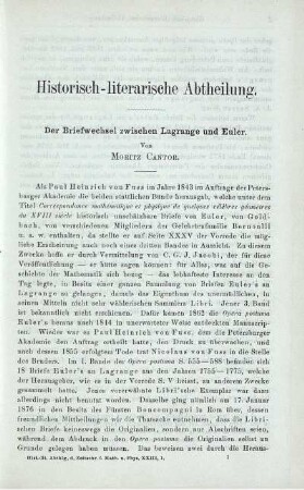 Der Briefwechsel zwischen Lagrange und Euler.