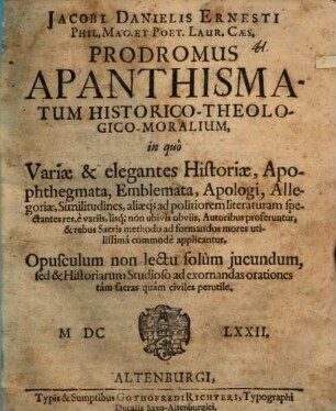 Prodromus apanthismatum historico-theologico-moralium